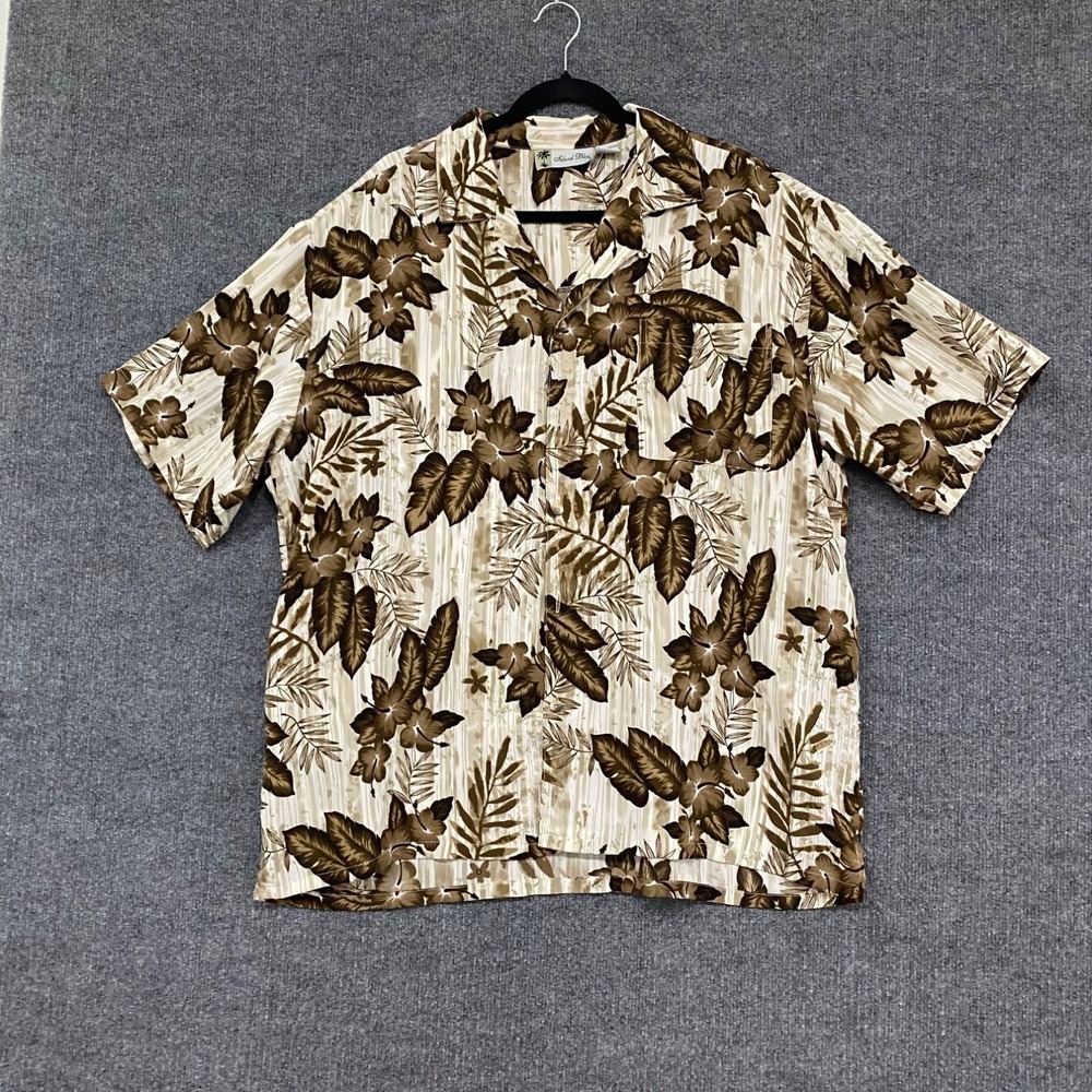 Island Blue Hawaiian Camp Shirt Mens XL Beige Floral Short Sleeve Button Up